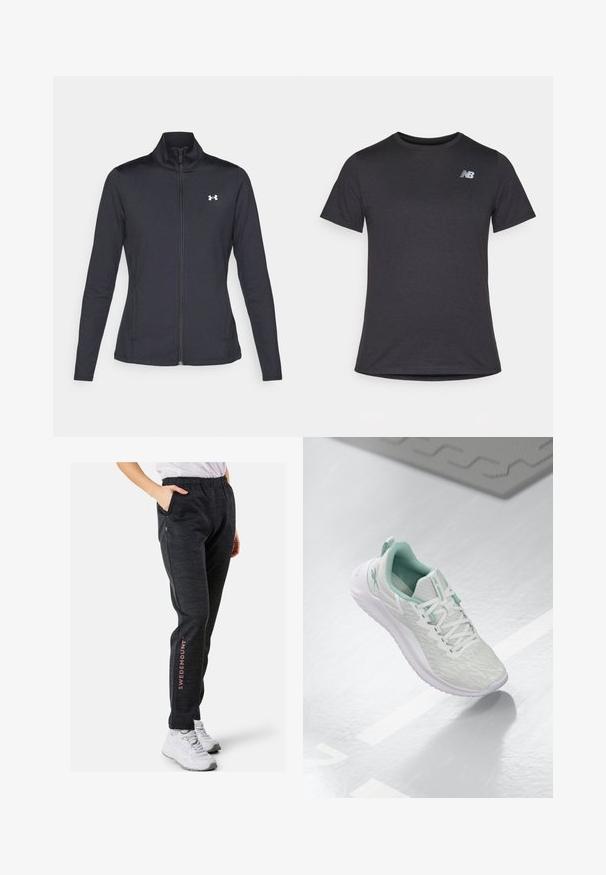 Black athletic jacket made of smooth, stretchy fabric with a high collar and full zipper, featuring a small white logo on the upper left side.; Black short-sleeve t-shirt made of soft fabric, featuring a small gray New Balance logo on the upper left chest, classic crew neck design.; Black, textured sweatpants with a relaxed fit and elastic waistband. Features a logo in pink on the side and side pockets.; Light gray athletic shoe with a textured knit upper, mint green accents, white laces, rubber sole, and pull tab at the heel.
