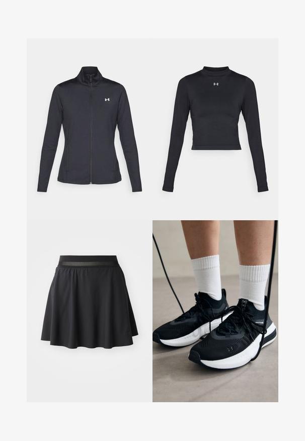 Mustmust mustrits mustritud jahk, valmistatud sujuvast, venivast kangast, kõrge kraega ja täispika tõmbluku ning väikese valge logoga vasakul üleval poole.; Must mustasvärk, millel on pükstele ulatuv lõige, on valmistatud siledast ja venivast kangast ning millel on kõrge kaelus ning väike peegelduv logo rinnal.; Mustmust mustriibuline seelik, millel on laienev disain, elastne vöökoht, millel on sissetootud võrkkangas ja logo tempel alumisel küljel.; Mustad mustad jalanõud tekstuuritud kangast, valge tallaga ja mustade paeltega. Kanna valgete soonikkudega sokkide sisse, seistes helesinisel pinnal.