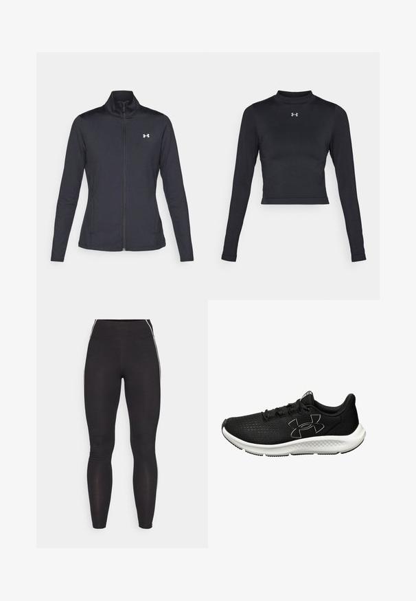 Juodas sportinis švarkas, pagamintas iš lygios, elastingos medžiagos, su aukštu apykakle ir pilnu užtrauktuku, su maža balta logo kairiajame viršutiniame kampe.; Juodas ilgomis rankovėmis trumpas viršus, pagamintas iš lygaus, tampraus audinio, su aukštu kaklu ir mažu atspindinčiu logotipu ant krūtinės.; Juodos leggingai, pagaminti iš tamprios medžiagos, su aukštu juosmeniu. Pasižymi baltais šoniniais dryžiais ir sklandžia tekstūra visame paviršiuje.; Juodos sportinės bateliai su tekstūruotu tinkleliu, balta tarpine ir juodu guminiu padu. Su juodais nėriniais ir logotipu šone.