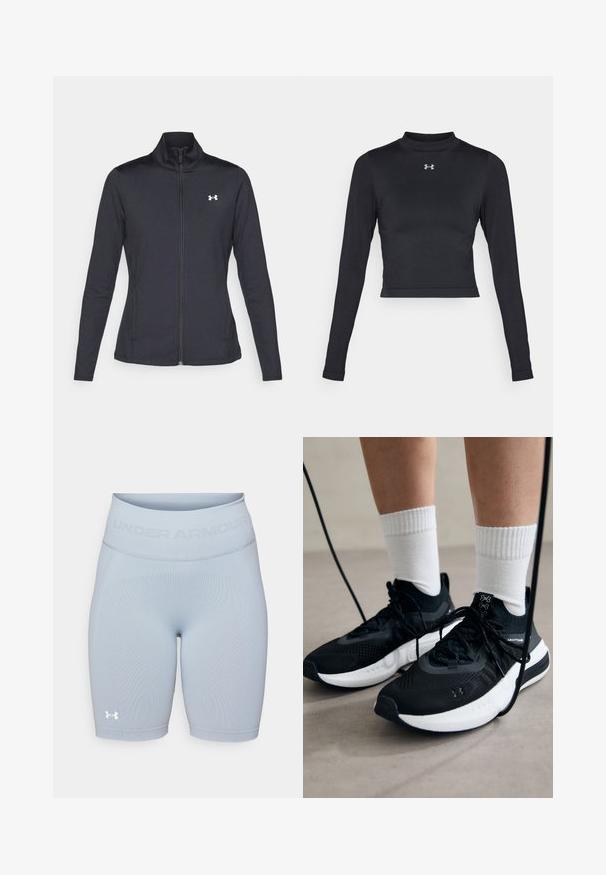 Melnās sporta jakas izgatavotas no gludas, elastīgas auduma ar augstu apkakli un pilnu rāvējslēdzēju, ar nelielu baltu logo augšējā kreisajā pusē.; Melna garo piedurkņu apgrieztais tops, kas izgatavots no gludas, elastīgas auduma, ar augstu dekoltē un mazu atstarojamu logotipu krūtīs.; Gaiši zili sporta šorti ar faktūrētu apdari, augsta elastīga jostasvieta ar "UNDER ARMOUR" zīmolu un baltu logotipu apakšmalā.; Melni sporta apavi ar strukturētu audumu, balta zole un melni šņores. Valkāti ar baltām ribotām zeķēm, stāvot uz gaišas virsmas.