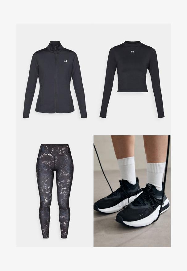Crna atletska jakna napravljena od glatkog, rastezljivog materijala s visokim kragnom i punim patentnim zatvaračem, s malim bijelim logotipom na gornjoj lijevoj strani.; Crna dugorukava cropped majica od glatke, rastezljive tkanine s visokim ovratnikom i malim reflektirajućim logotipom na prsima.; Visoke tajice na crnoj podlozi s mramornim uzorkom u prigušenim bojama. Glatkasti, rastezljivi materijal s kontrastnim šavovima i bez vidljive hardverske opreme.; Crne atletske cipele s teksturiranim materijalom, bijelim potplatima i crnim vezicama. Nosene s bijelim rebrastim čarapama, stojeći na svijetloj površini.