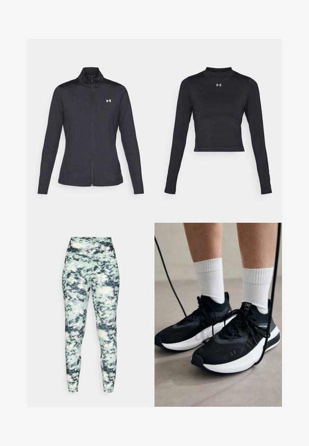Fekete sportos dzseki sima, rugalmas anyagból, magas gallérral és teljes cipzárral, az elülső bal oldalon egy kis fehér logóval.; Fekete, hosszú ujjú crop top sima, rugalmas anyagból, magas nyakkivágással és egy kis fényvisszaverő logóval a mellkasán.; Magas derekú leggings színes márvány mintázattal; sima textúrával és testhezálló szilüettal rendelkezik, amely áramvonalas támaszt nyújt.; Fekete sportcipők textúrált anyagból, fehér talppal és fekete fűzőkkel. Fehér bordázott zoknikkal viselve, világos felületen állva.