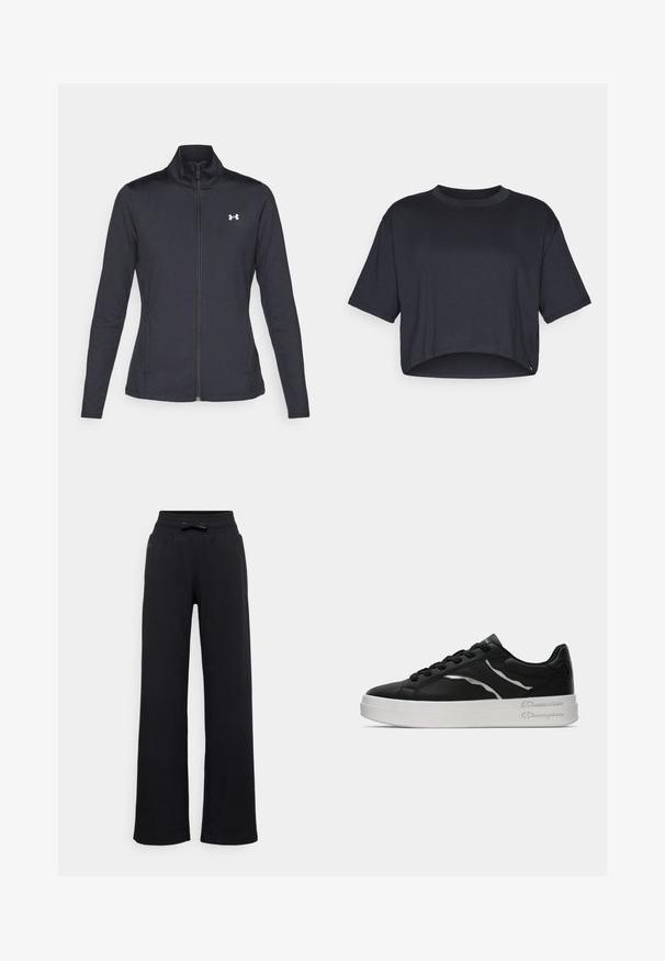 Zwarte sportjack gemaakt van glad, rekbaar materiaal met een hoge kraag en een volledige ritssluiting, met een klein wit logo op de bovenste linkerkant.; Gesneden zwart T-shirt van zachte katoen, met een ronde halslijn en korte mouwen met een nette zoom en zonder zichtbare patronen of accenten.; Zwarte joggingbroek met een wijdvallend ontwerp, elastische tailleband en een strikaccent. Gladde textuur zonder zichtbare patronen of metalen onderdelen.; Zwarte leren sneaker met witte zool, voorzien van dunne zilveren accenten en een vetersluiting. Gladde textuur met merkdetails op de hiel.