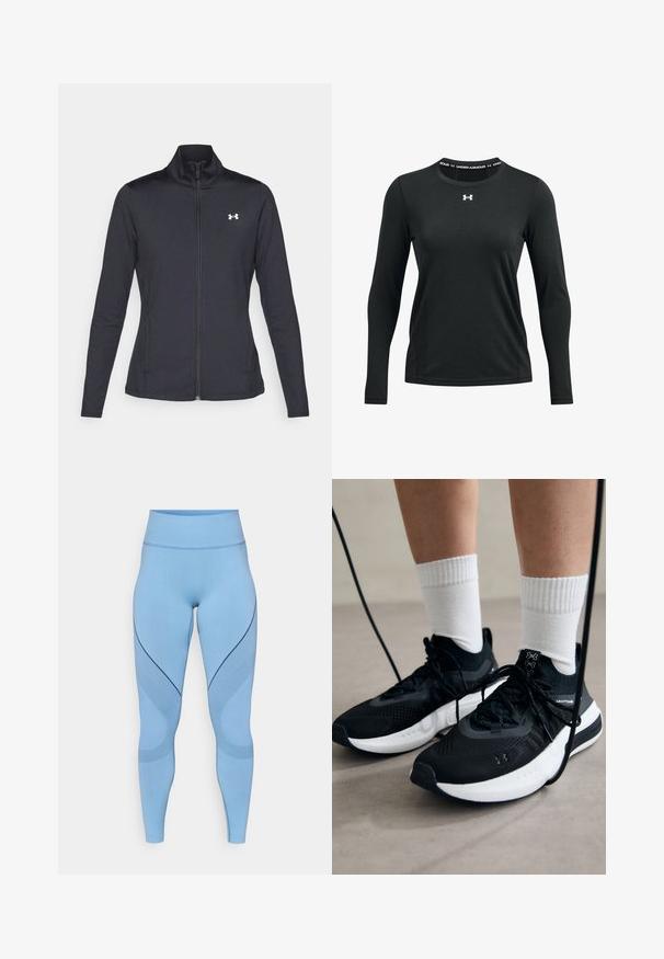 Black athletic jacket made of smooth, stretchy fabric with a high collar and full zipper, featuring a small white logo on the upper left side.; Black long-sleeve athletic shirt made of smooth fabric. Features a round neckline with an Under Armour logo printed at the collar.; Light blue leggings made of stretch fabric, featuring a high waistband, curved seams, and textured diagonal patterns along the sides.; Black athletic shoes with textured fabric, white sole, and black laces. Worn with white ribbed socks, standing on a light surface.