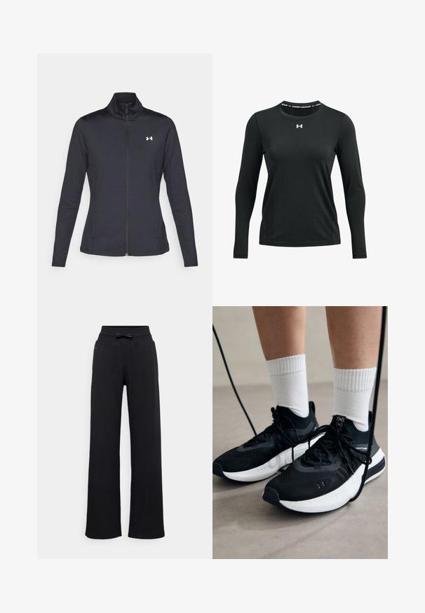 Černá sportovní bunda vyrobená z hladké a elastické textilie, s vysokým límcem a plným zipem, která má malé bílé logo na levé horní části.; Černé sportovní tričko s dlouhými rukávy vyrobené z hladkého materiálu. Má kulatý výstřih s logem Under Armour potištěným na límci.; Černé tepláky s širokým střihem, elastickým pasem a detailem mašle. Hladký povrch bez viditelných vzorů nebo kovových prvků.; Černé sportovní boty s texturovanou tkaninou, bílou podrážkou a černými tkaničkami. Nosené s bílými žebrovanými ponožkami, stojící na světlém povrchu.