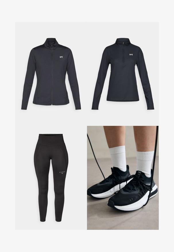 Fekete sportos dzseki sima, rugalmas anyagból, magas gallérral és teljes cipzárral, az elülső bal oldalon egy kis fehér logóval.; Fekete, hosszú ujjú pulóver negyedcipzárral, struktúrált anyagból, karcsú szabásban, fehér logóval a bal mellkasi részen.; Fekete sportleggings magas derékkal, sima textúrával és lapos varrásokkal. A bal oldalon fehér logóval.; Fekete sportcipők textúrált anyagból, fehér talppal és fekete fűzőkkel. Fehér bordázott zoknikkal viselve, világos felületen állva.