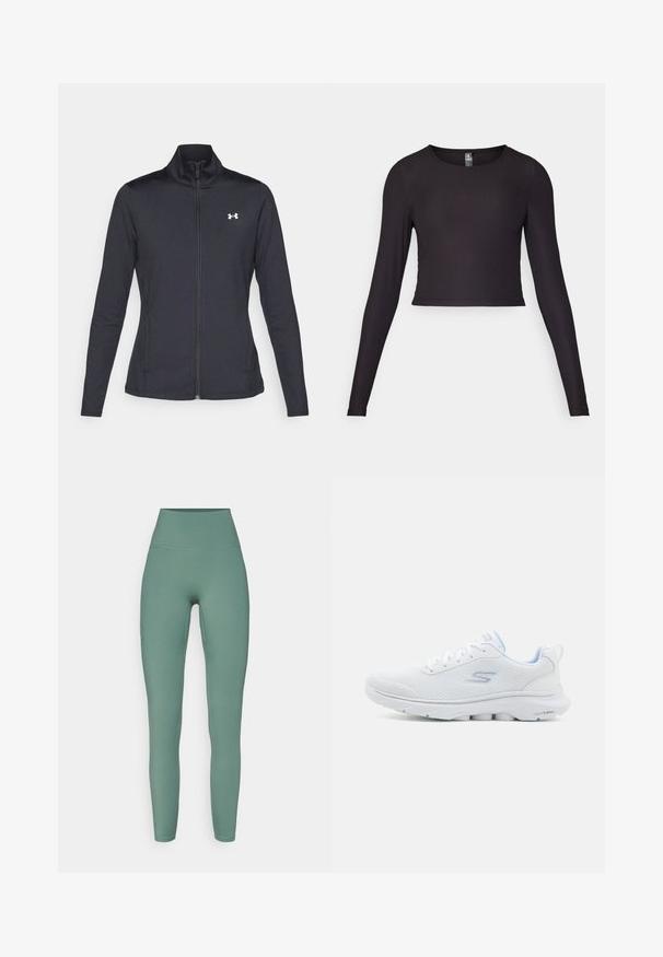 Veste de sport noire en tissu lisse et extensible avec un col montant et une fermeture éclair intégrale, arborant un petit logo blanc sur le côté supérieur gauche.; Haut cropped à manches longues noir en tissu côtelé. Il présente un col rond et une silhouette ajustée avec une surface texturée.; Leggings taille haute de couleur verte atténuée, en tissu extensible, avec une texture lisse et des poches latérales.; Baskets blanches avec une tige en mesh respirant, accents bleu clair et une semelle rembourrée dotée d'un motif de grip texturé.