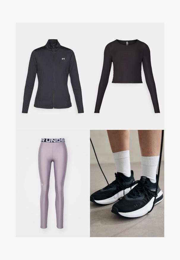 Chaqueta deportiva negra hecha de una tela suave y elástica, con cuello alto y cremallera completa, que presenta un pequeño logo blanco en la parte superior izquierda.; Top corto negro de manga larga hecho de tela acanalada. Presenta un cuello redondo y una silueta ajustada con superficie texturizada.; Leggings de color púrpura claro, hechos de un material suave y elástico. Presentan una cinturilla negra con "UNDER ARMOUR" impreso en blanco. Logo en la pierna.; Zapatillas deportivas negras con tela texturizada, suela blanca y cordones negros. Llevadas con calcetines blancos de canalé, de pie sobre una superficie clara.