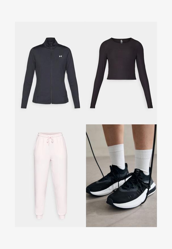 Schwarze Sportjacke aus glattem, dehnbarem Stoff mit hohem Kragen und durchgehendem Reißverschluss, ausgestattet mit einem kleinen weißen Logo auf der oberen linken Seite.; Schwarzes, langärmliges, cropped Oberteil aus Rippstoff. Mit rundem Ausschnitt und figurbetonter Silhouette mit strukturierten Oberflächen.; Hellrosa Jogginghose aus weichem Material, mit einem elastischen Bund und Kordelzug, seitlichen Taschen und gerippten Bündchen.; Schwarze Sportschuhe aus strukturiertem Stoff, mit weißer Sohle und schwarzen Schnürsenkeln. Tragen mit weißen gerippten Socken, stehen auf einer hellen Fläche.