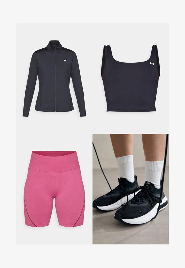 Czarna sportowa kurtka z gładkiego, elastycznego materiału, z wysokim kołnierzem i pełnym zamkiem, z małym białym logo na górnej lewej stronie.; Czarny sportowy crop top wykonany z gładkiego materiału, z kwadratowym dekoltem i szerokimi ramiączkami. Zawiera małe białe logo z boku.; Różowe szorty sportowe wykonane z elastycznej tkaniny, z wysokim stanem i subtelną teksturą prążkowaną, z kontrastującymi ciemnymi szwami po bokach.; Czarne buty sportowe z teksturowanym materiałem, białą podeszwą i czarnymi sznurowadłami. Nosi je osoba w białych skarpetkach w prążki, stojąca na jasnej powierzchni.