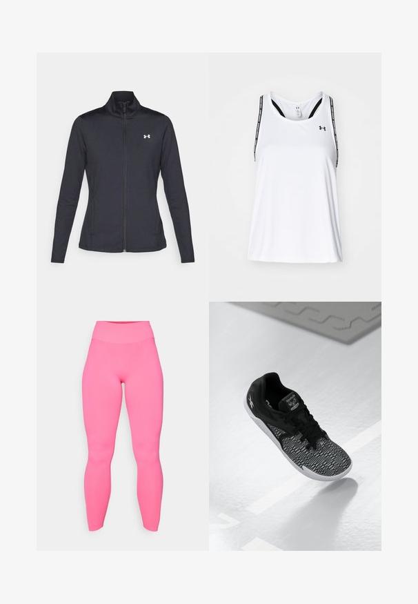 Veste de sport noire en tissu lisse et extensible avec un col montant et une fermeture éclair intégrale, arborant un petit logo blanc sur le côté supérieur gauche.; Débardeur de sport blanc avec de fines bretelles noires, orné d'un logo et d'un imprimé textuel, fabriqué en tissu léger et respirant ; coupe ample.; Leggings taille haute roses en tissu extensible. Texture lisse, design ajusté, longueur cheville, sans motifs ni accessoires visibles.; Baskets noires de sport avec une tige en mesh texturée et à motifs, des lacets noirs et une semelle blanche. Comprend le logo Reebok sur la languette et sur le côté.