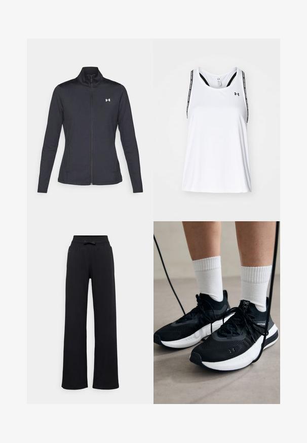 Chaqueta deportiva negra hecha de una tela suave y elástica, con cuello alto y cremallera completa, que presenta un pequeño logo blanco en la parte superior izquierda.; Top deportivo blanco sin mangas con finas correas negras, que presenta un logotipo y un texto impreso, confeccionado en una tela ligera y transpirable; corte holgado.; Pantalones de chándal negros con un diseño de pierna ancha, cinturilla elástica y un detalle de lazo. Textura lisa sin patrones o herrajes visibles.; Zapatillas deportivas negras con tela texturizada, suela blanca y cordones negros. Llevadas con calcetines blancos de canalé, de pie sobre una superficie clara.