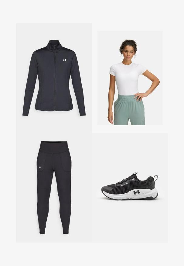 Veste de sport noire en tissu lisse et extensible avec un col montant et une fermeture éclair intégrale, arborant un petit logo blanc sur le côté supérieur gauche.; T-shirt blanc ajusté à manches courtes, associé à un pantalon à taille élastique vert clair. Texture lisse, design minimaliste et sans motifs visibles.; Leggings de sport noirs en matière extensible, avec une taille haute, des poches latérales et des poignets ajustés au niveau des chevilles.; Chaussure de sport noire avec une tige en maille respirante, accents blancs et une semelle en caoutchouc texturée avec un logo sur le côté.
