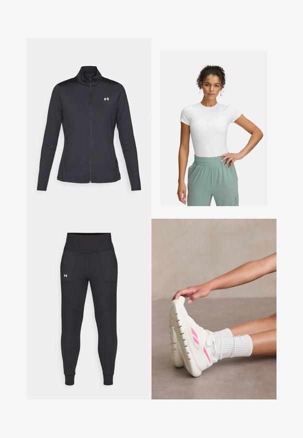 Juodas sportinis švarkas, pagamintas iš lygios, elastingos medžiagos, su aukštu apykakle ir pilnu užtrauktuku, su maža balta logo kairiajame viršutiniame kampe.; Baltas prigludęs marškinėliai su trumpomis rankovėmis, derinami su šviesiai žaliomis elastingomis kelnėmis. Lygi tekstūra, minimalistinis dizainas, be akivaizdžių raštų.; Juodos sportinės leginsai, pagaminti iš tamprių medžiagų, su aukštu juosmeniu, šoninėmis kišenėmis ir priglundančiomis blauzdų manžetėmis.; Baltos sportinės bateliai su tekstūruota padais ir rožinėmis detalėmis, derinami su baltomis kojinėmis. Rankos švelniai liečia batų pirštą.