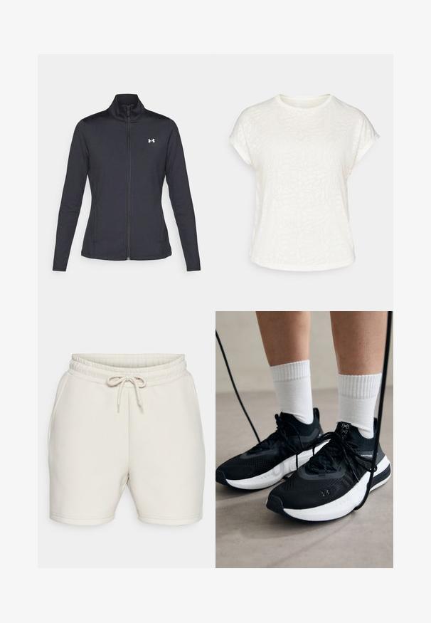 Zwarte sportjack gemaakt van glad, rekbaar materiaal met een hoge kraag en een volledige ritssluiting, met een klein wit logo op de bovenste linkerkant.; Witte t-shirt met korte mouwen, voorzien van een textuur met bloemenpatroon, ronde halslijn en een ontspannen pasvorm. Gemaakt van zachte, lichte stof.; ONLY Play ONPLOUNGE LIFE - Korte broeken - pumice stone; Zwarte sportschoenen van gestructureerde stof, met een witte zool en zwarte veters. Draag ze met witte geribde sokken, staand op een lichte ondergrond.