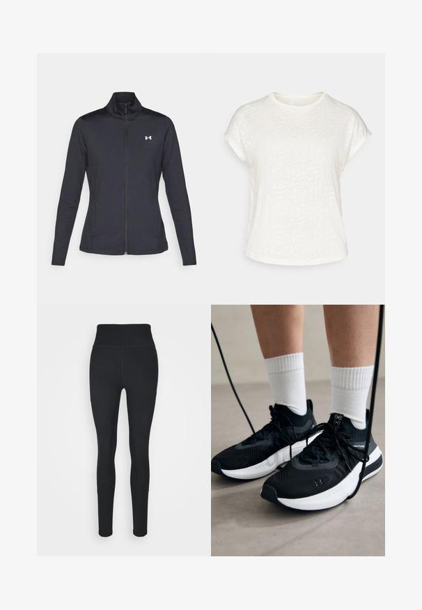 Svart idrottsjacka i slät, elastisk tyg med hög krage och hel dragkedja, med en liten vit logotyp på övre vänstra sidan.; Vit kortärmad t-shirt med ett texturerat blommönster, rund halsringning och avslappnad passform. Tillverkad av mjukt, lättviktigt tyg.; Svarta leggings i stretchigt material, med hög midja, ribbade paneler på sidorna och en figurnära design som smalnar av vid anklarna.; Svarta sportskor med texturerat tyg, vit sula och svarta snören. Bärs med vita reglerade strumpor, stående på en ljus yta.