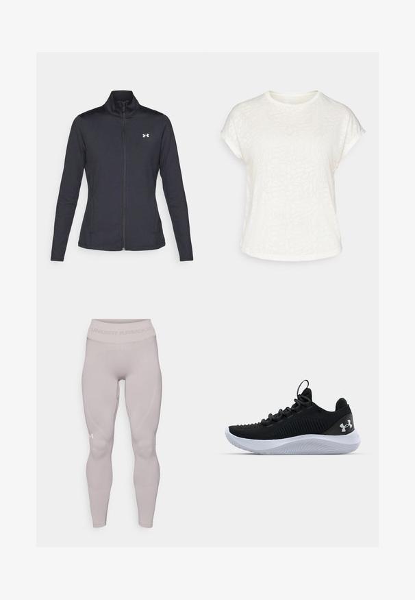 Melnās sporta jakas izgatavotas no gludas, elastīgas auduma ar augstu apkakli un pilnu rāvējslēdzēju, ar nelielu baltu logo augšējā kreisajā pusē.; Balts īsām piedurknēm t-krekls ar teksturētu ziedu rakstu, apaļu kakla izgriezumu un brīvu piegriezumu. Izgatavots no mīksta, viegla auduma.; Gaiši pelēkas legingi ar pieguļošu dizainu, izgatavoti no gludas materiāla. Iespējas ietver platu jostas daļu ar "Under Armour" tekstu un smalkām šuvju detaļām.; Melnas sporta kurpes ar elpojošu acs augšdaļu, teksturētu detaļu un baltu gumijas zoli. Aprīkotas ar plakanām šņorēm un papēža cilpu.