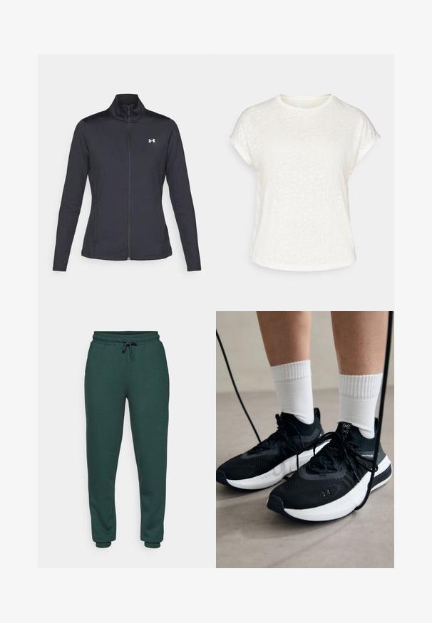 Mustmust mustrits mustritud jahk, valmistatud sujuvast, venivast kangast, kõrge kraega ja täispika tõmbluku ning väikese valge logoga vasakul üleval poole.; Valge lühikeste varrukatega t-särk, millel on tekstureeritud lillemuster, ümmargune kaelus ja lõdvestunud lõige. Valmistatud pehmest ja kergest kangast.; Rohelised dressipüksid, mis on valmistatud pehmest, tekstuuriga kangast. Omavad elastset vöökoht, reguleeritavat nööri, kitsenevaid jalgasid ja sobivaid mansette pahkluude juures.; Mustad mustad jalanõud tekstuuritud kangast, valge tallaga ja mustade paeltega. Kanna valgete soonikkudega sokkide sisse, seistes helesinisel pinnal.