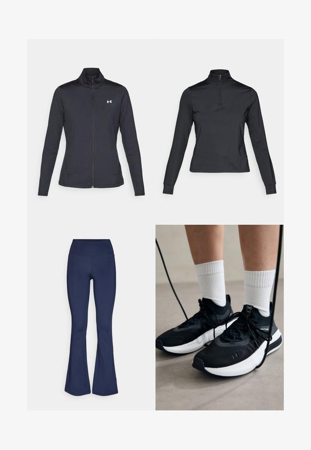 Sort atletisk jakke lavet af glat, strækbart stof med høj krave og fuld lynlås, der har et lille hvidt logo på den øverste venstre side.; Sort langærmet pullover med høj lynlås krave, lavet af glat stof. Har tætsiddende ærmer og et cropped design.; Marineblå flagrende leggings lavet af strækbart stof med høj talje, glat tekstur og uden synlige mønstre eller hardwaredetaljer.; Sorte sportssko med tekstureret stof, hvid sål og sorte snørebånd. Båret med hvide ribbede sokker, stående på en lys overflade.