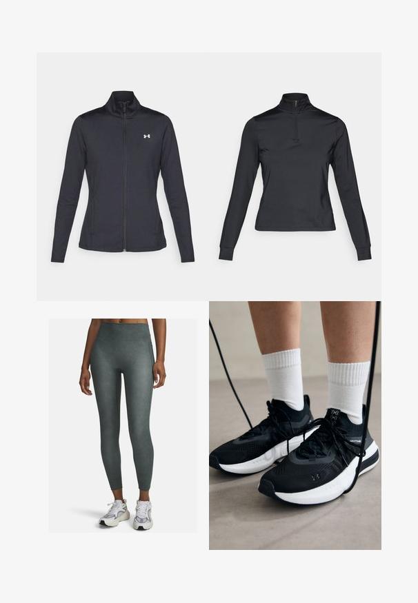 Čierna športová bunda vyrobená z hladkého, elastického materiálu s vysokým golierom a plným zipsom, s malým bielym logom na hornej ľavej strane.; Čierny dlhý rukáv pulóver s vysokým zapínaním na zips, vyrobený z hladkého materiálu. Obsahuje priliehavé rukávy a skrátený strih.; Legíny s vysokým pásom v tlmenezelenej farbe, vyrobené z hladkého a elastického materiálu s bočnými švami a priliehavým strihom.; Čierne športové topánky s textúrovanou tkaninou, bielou podrážkou a čiernymi šnúrkami. Nosené s bielymi rebrovanými ponožkami, postavené na svetlom povrchu.