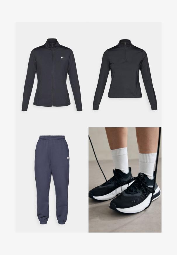 Juodas sportinis švarkas, pagamintas iš lygios, elastingos medžiagos, su aukštu apykakle ir pilnu užtrauktuku, su maža balta logo kairiajame viršutiniame kampe.; Juodas ilgas rankovės megztinis su aukštu užtrauktuku, pagamintas iš lygaus audinio. Turi prigludusias rankoves ir trumpą dizainą.; Naktiniai tamsiai mėlyni sportiniai kelnių pagaminti iš minkštos medžiagos; turi elastinį juosmenį ir rankoves, o šone yra mažas etiketė.; Juodi sportiniai batai su tekstūruotu audiniu, balta padu ir juodais raiščiais. Dėvimi su baltais raištiniais kojiniais, stovint lengvame paviršiuje.