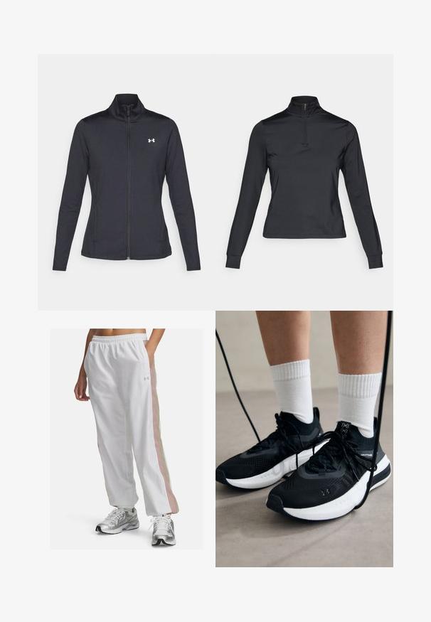 Black athletic jacket made of smooth, stretchy fabric with a high collar and full zipper, featuring a small white logo on the upper left side.; Black long-sleeve pullover with a high zipper collar, made of smooth fabric. Features fitted sleeves and a cropped design.; White athletic pants with an elastic waistband, featuring pastel pink and beige side stripes. Made of lightweight, smooth fabric.; Black athletic shoes with textured fabric, white sole, and black laces. Worn with white ribbed socks, standing on a light surface.