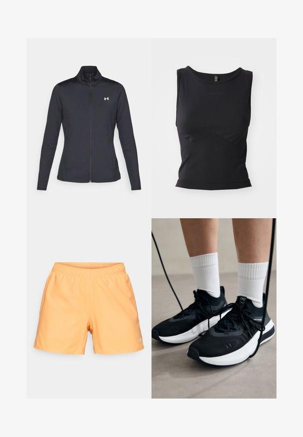 Μαύρο αθλητικό μπουφάν φτιαγμένο από λείο, ελαστικό ύφασμα με ψηλό γιακά και πλήρως φερμουάρ, με μια μικρή λευκή λογότυπο στην επάνω αριστερή πλευρά.; Μαύρη αμάνικη αθλητική μπλούζα φτιαγμένη από λείο ύφασμα, με στρογγυλή λαιμόκοψη και εφαρμοστή σιλουέτα, συνοδευόμενη από διακριτική λεπτομέρεια λογότυπου.; Ροζ-πορτοκαλί αθλητικές βερμούδες με ελαστική μέση, λεία υφή και μικρό λευκό λογότυπο στην κάτω δεξιά πλευρά.; Μαύρα αθλητικά παπούτσια με υφασμάτινη υφή, λευκή σόλα και μαύρα κορδόνια. Φορεμένα με λευκές ριγέ κάλτσες, στέκονται σε ελαφριά επιφάνεια.