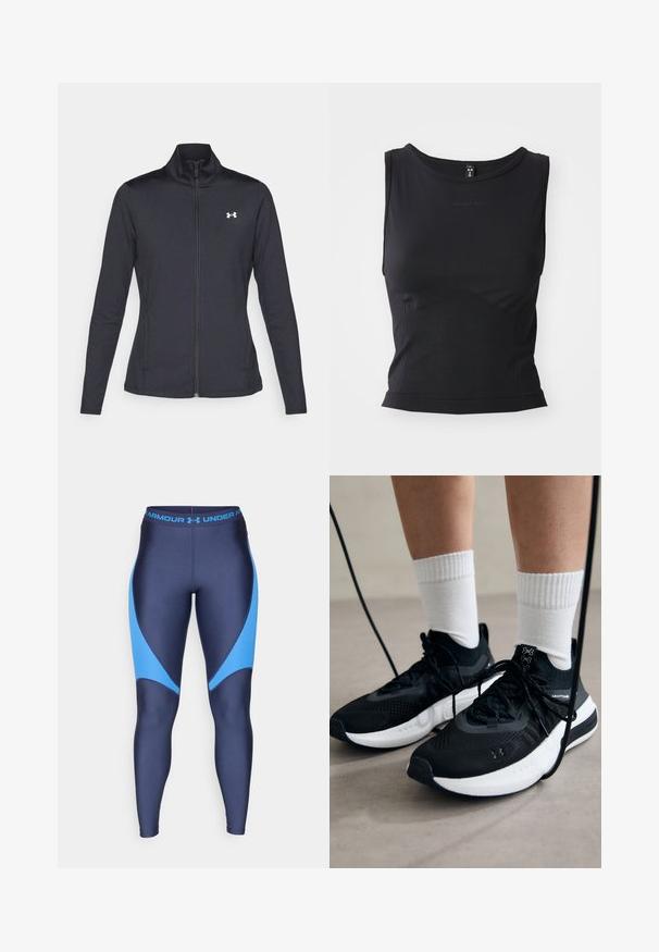 Jachetă sport neagră realizată dintr-un material neted și elastic, cu guler înalt și fermoar complet, având un mic logo alb în colțul din stânga sus.; Top athletic negru fără mâneci, realizat dintr-un material neted, cu un decolteu rotund și o siluetă mulată, având detalii discrete ale logo-ului.; Colanți navy cu accente bleu deschis, realizați dintr-un material neted și elastic. Au un elastic lat în talie cu logo-ul mărcii în albastru.; Căști atletice negre cu țesătură texturată, talpă albă și șireturi negre. Purtați cu șosete albe cu riflaje, stând pe o suprafață deschisă.