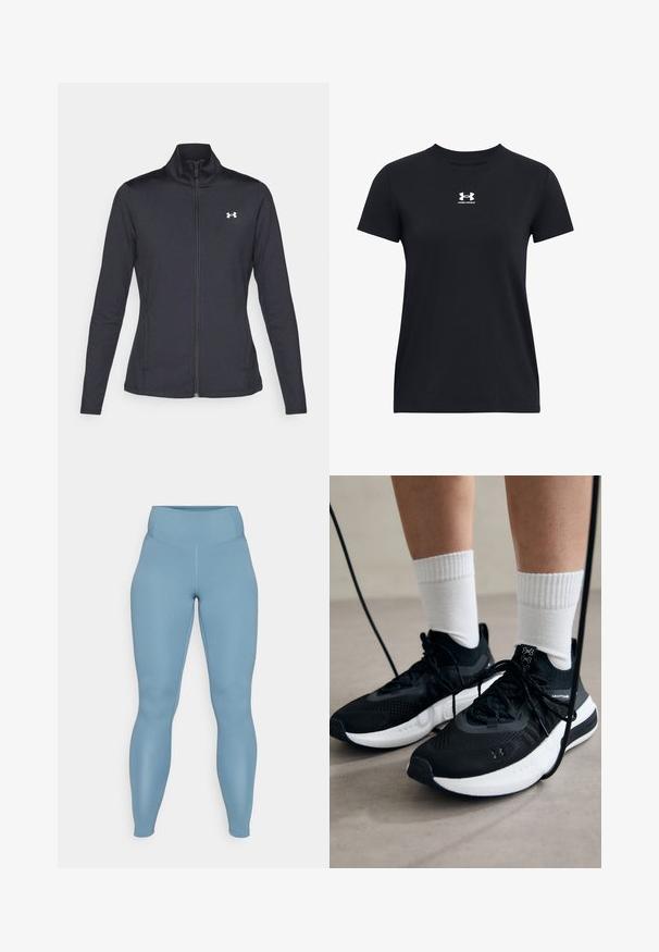 Crna atletska jakna napravljena od glatkog, rastezljivog materijala s visokim kragnom i punim patentnim zatvaračem, s malim bijelim logotipom na gornjoj lijevoj strani.; Crna majica kratkih rukava izrađena od pamuka. Ima okrugli izrez i bijeli Under Armour logo na prsima. Jednostavan, jednoličan dizajn.; Plave visoke tajice izrađene od glatkog, elastičnog materijala. Imaju oblik koji se prilagođava tijelu i bezšavno su dizajnirane s blagim sjajem.; Crne atletske cipele s teksturiranim materijalom, bijelim potplatima i crnim vezicama. Nosene s bijelim rebrastim čarapama, stojeći na svijetloj površini.