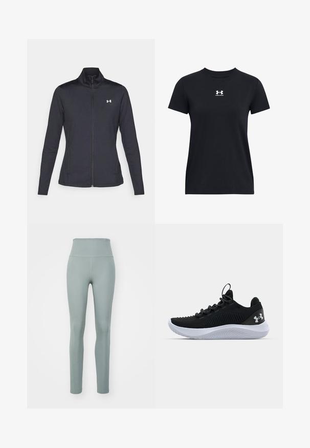 Jachetă sport neagră realizată dintr-un material neted și elastic, cu guler înalt și fermoar complet, având un mic logo alb în colțul din stânga sus.; Tricou negru cu mânecă scurtă fabricat din bumbac. Are un guler rotund și un logo alb Under Armour pe piept. Design simplu, de culoare solidă.; Leggings cu talie înaltă, de culoare verde estompată, fabricate dintr-un material elastic, având o textură netedă și un design ajustat pentru confort.; Pantofi sport negri cu un upper din plasă respirabilă, detalii texturate și o talpă din cauciuc albă. Au șireturi plate și o bandă pentru a-i trage de pe călcâi.