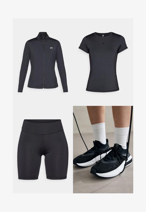 Veste de sport noire en tissu lisse et extensible avec un col montant et une fermeture éclair intégrale, arborant un petit logo blanc sur le côté supérieur gauche.; T-shirt noir à manches courtes en tissu lisse et respirant, avec un design de logo minimaliste sur le devant. Encolure classique.; ONLY Play ONPJAM JIMBO TRAIN SHORTS - Leggings - black; Chaussures de sport noires en tissu texturé, avec une semelle blanche et des lacets noirs. Portées avec des chaussettes blanches côtelées, debout sur une surface claire.