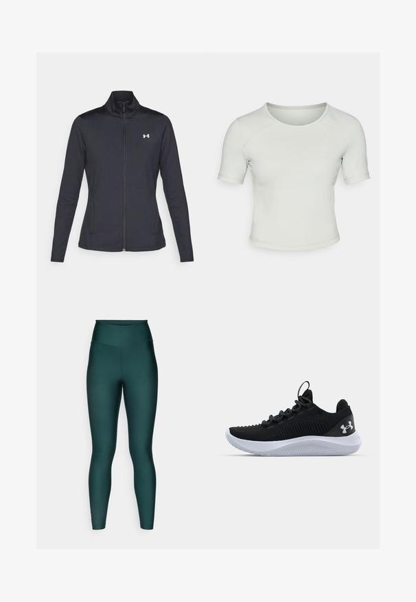Black athletic jacket made of smooth, stretchy fabric with a high collar and full zipper, featuring a small white logo on the upper left side.; Light green short-sleeve fitted t-shirt with a round neckline, smooth texture, and a subtle logo on the front left.; High-waisted leggings in dark green, made from smooth, stretchy material. Features a fitted design and tapered legs. No patterns or accents.; Black athletic shoes with a breathable mesh upper, textured detailing, and a white rubber sole. Features flat laces and a heel pull tab.