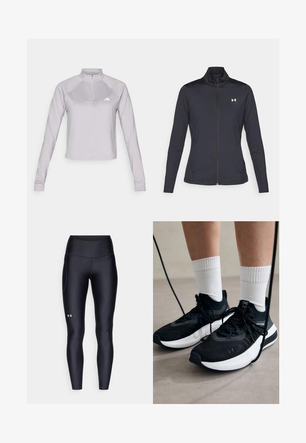 Zwarte sportjack gemaakt van glad, rekbaar materiaal met een hoge kraag en een volledige ritssluiting, met een klein wit logo op de bovenste linkerkant.; adidas Performance ZIP - Longsleeve - glory grey; Zwarte leggings van glad, rekbaar materiaal met een hoge tailleband. Heeft een wit logo op de linkerdij en een aansluitend ontwerp.; Zwarte sportschoenen van gestructureerde stof, met een witte zool en zwarte veters. Draag ze met witte geribde sokken, staand op een lichte ondergrond.