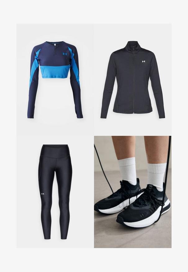 Musta urheilutakki, joka on valmistettu sileästä ja joustavasta kankaasta. Takissa on korkea kaulus ja täysipitkä vetoketju, sekä pieni valkoinen logo vasemmalla ylhäällä.; Laivastonsininen ja sininen pitkähihainen urheiluasu, jossa on puolivetoketjulla varustettu kaula-aukko, ribbitekstuuri ja kontrastiväriset sivupaneelit. Under Armour -logo rinnassa.; Mustat legginsit, jotka on valmistettu sileästä ja venyvästä materiaalista, korkealla vyötäröllä. Vasemmassa reidessä on valkoinen logo ja istuva muotoilu.; Mustat urheilukengät, joissa on teksturoitua kangasta, valkoiset pohjat ja mustat nauhat. Yhdistetty valkoisten urheilusukkien kanssa, seisten vaalealla pinnalla.