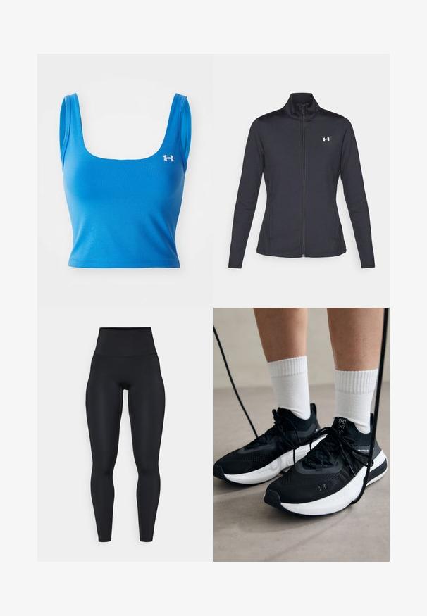 Čierna športová bunda vyrobená z hladkého, elastického materiálu s vysokým golierom a plným zipsom, s malým bielym logom na hornej ľavej strane.; Modrý športový crop top so štvorcovým výstrihom a tenkými ramienkami. Vyrobený z hladkého, pružného materiálu. Na ľavej strane sa nachádza logo.; Čierne legíny s vysokým pásom vyrobené z elastického materiálu, s hladkou textúrou, priliehavým strihom a detailom bočných vreciek.; Čierne športové topánky s textúrovanou tkaninou, bielou podrážkou a čiernymi šnúrkami. Nosené s bielymi rebrovanými ponožkami, postavené na svetlom povrchu.