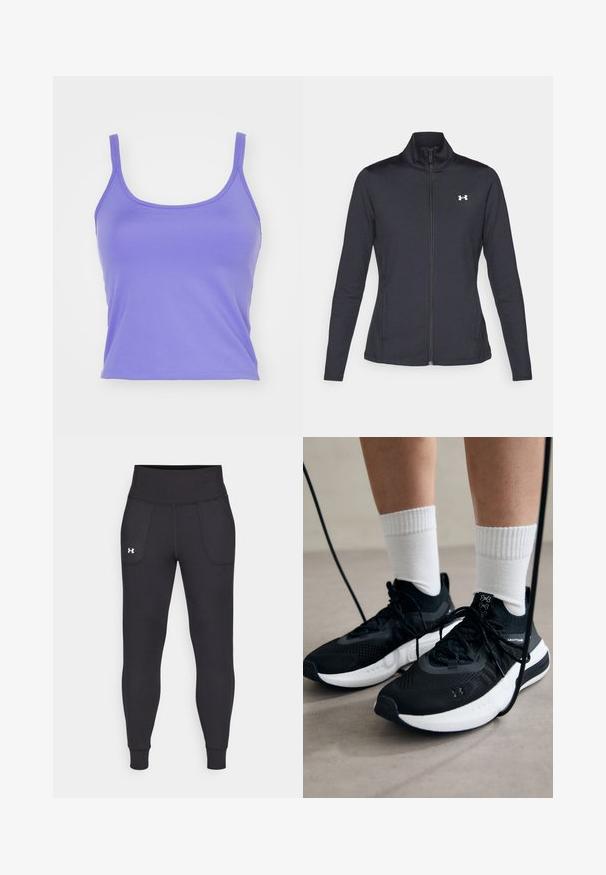 Musta urheilutakki, joka on valmistettu sileästä ja joustavasta kankaasta. Takissa on korkea kaulus ja täysipitkä vetoketju, sekä pieni valkoinen logo vasemmalla ylhäällä.; Girlfriend Collective GEMMA SCOOP TANK - Toppi - wild iris; Mustat urheiluhousut, jotka on valmistettu venyvästä materiaalista. Niissä on korkea vyötärö, sivutaskut ja tiukat lahkeensuuthteet.; Mustat urheilukengät, joissa on teksturoitua kangasta, valkoiset pohjat ja mustat nauhat. Yhdistetty valkoisten urheilusukkien kanssa, seisten vaalealla pinnalla.