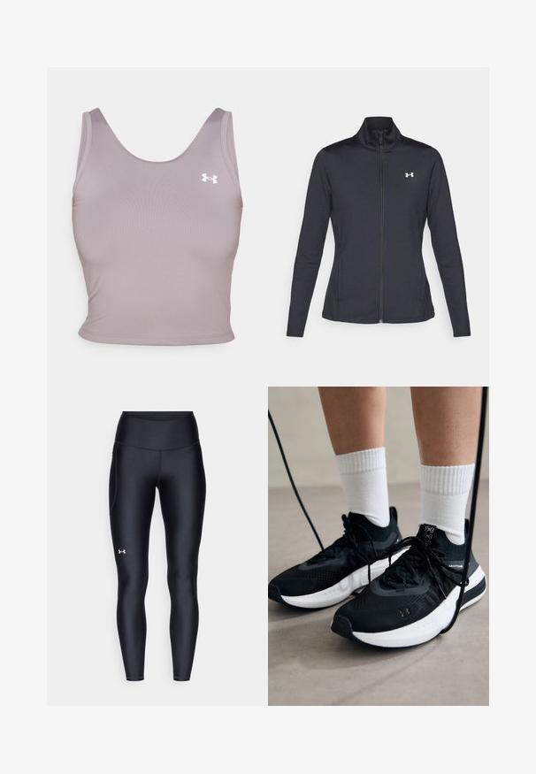 Mustmust mustrits mustritud jahk, valmistatud sujuvast, venivast kangast, kõrge kraega ja täispika tõmbluku ning väikese valge logoga vasakul üleval poole.; Lillat värviga ilma käisteta sporditop, millel on ümmargune kaelus, valmistatud siledast kangast, mille ülemises vasakus nurgas on väike valge logo.; Mustad mustad, venitatud materjalist, kõrge vöökoht. Vasakul reie kohal on valge logo ning tihe disain.; Mustad mustad jalanõud tekstuuritud kangast, valge tallaga ja mustade paeltega. Kanna valgete soonikkudega sokkide sisse, seistes helesinisel pinnal.