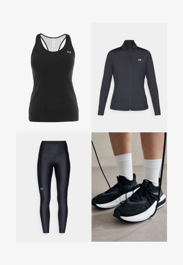 Czarna sportowa kurtka z gładkiego, elastycznego materiału, z wysokim kołnierzem i pełnym zamkiem, z małym białym logo na górnej lewej stronie.; Under Armour TECH czarny; Czarne legginsy wykonane z gładkiego, elastycznego materiału z wysokim stanem. Posiadają białe logo na lewym udzie oraz dopasowany krój.; Czarne buty sportowe z teksturowanym materiałem, białą podeszwą i czarnymi sznurowadłami. Nosi je osoba w białych skarpetkach w prążki, stojąca na jasnej powierzchni.