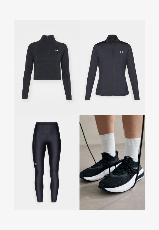 Schwarze Sportjacke aus glattem, dehnbarem Stoff mit hohem Kragen und durchgehendem Reißverschluss, ausgestattet mit einem kleinen weißen Logo auf der oberen linken Seite.; Under Armour VANISH SEAMLESS 1/4 ZIP CROP - Langarmshirt - black/white; Schwarze Leggings aus glattem, elastischem Material mit einem hohen Bund. Mit einem weißen Logo auf dem linken Oberschenkel und tailliertem Design.; Schwarze Sportschuhe aus strukturiertem Stoff, mit weißer Sohle und schwarzen Schnürsenkeln. Tragen mit weißen gerippten Socken, stehen auf einer hellen Fläche.