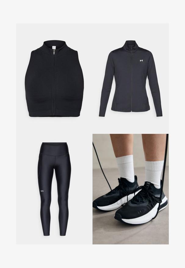 Juodas sportinis švarkas, pagamintas iš lygios, elastingos medžiagos, su aukštu apykakle ir pilnu užtrauktuku, su maža balta logo kairiajame viršutiniame kampe.; Juodas sportinis trumpas viršus su aukštu apykakle ir priekiniais užtrauktukais. Pagamintas iš tempimo medžiagos, kuri turi lygų paviršių ir minimalų siūlių skaičių.; Juodos leggingai, pagaminti iš lygaus, elastingo audinio su aukštu juosmeniu. Kairiajame šlaunyje yra baltas logotipas ir tvirta konstrukcija.; Juodi sportiniai batai su tekstūruotu audiniu, balta padu ir juodais raiščiais. Dėvimi su baltais raištiniais kojiniais, stovint lengvame paviršiuje.