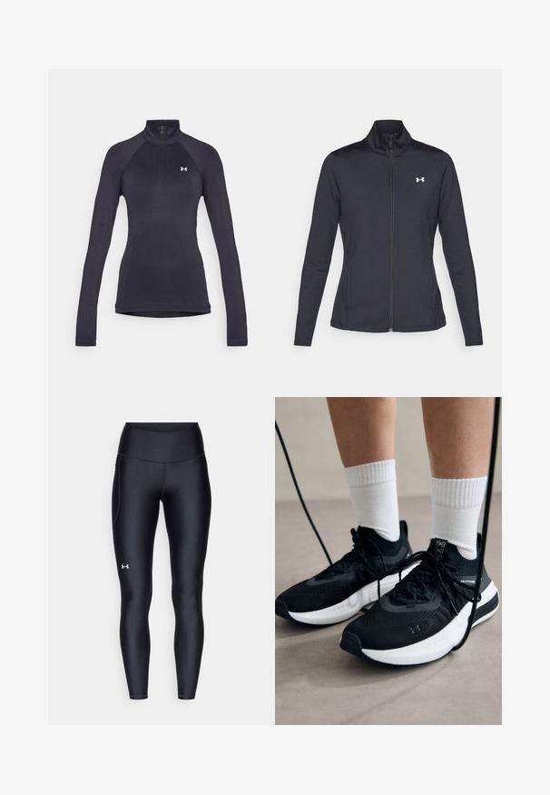 Schwarze Sportjacke aus glattem, dehnbarem Stoff mit hohem Kragen und durchgehendem Reißverschluss, ausgestattet mit einem kleinen weißen Logo auf der oberen linken Seite.; Schwarzes langärmliges Sportshirt mit einem Viertelreißverschluss, tailliertem Schnitt und Raglanärmeln. Mit einem kleinen weißen Logo auf der Brust.; Schwarze Leggings aus glattem, elastischem Material mit einem hohen Bund. Mit einem weißen Logo auf dem linken Oberschenkel und tailliertem Design.; Schwarze Sportschuhe aus strukturiertem Stoff, mit weißer Sohle und schwarzen Schnürsenkeln. Tragen mit weißen gerippten Socken, stehen auf einer hellen Fläche.