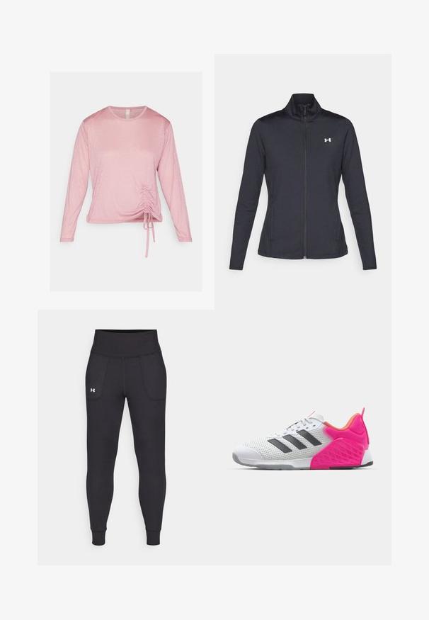 Svart idrottsjacka i slät, elastisk tyg med hög krage och hel dragkedja, med en liten vit logotyp på övre vänstra sidan.; Långärmad rosa topp gjord av mjukt tyg, med en samlad detalj vid midjan med justerbara band och en rund halsringning.; Svarta träningsleggings i elastiskt material, med hög midja, sidofickor och åtsittande manschetter vid ankeln.; Vit träningsskor med grå ränder, mesh-oversdel och rosa häl och detaljer. Har strukturerad häl och gummisula. Snören och vadderad krage.