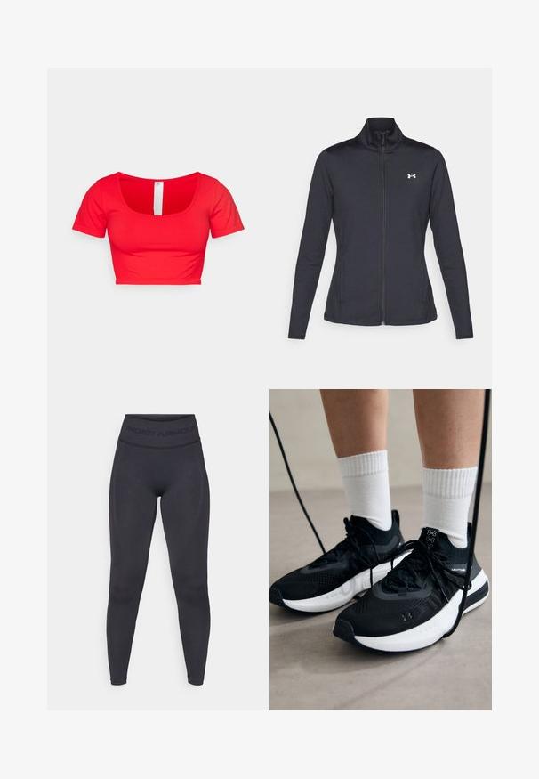 Černá sportovní bunda vyrobená z hladké a elastické textilie, s vysokým límcem a plným zipem, která má malé bílé logo na levé horní části.; Červené zkrácené tričko s krátkými rukávy, má kulatý výstřih a hladký, elastický materiál. Jednoduchý design bez vzorů nebo ozdob.; Černé legíny s vysokým elastickým pasem, na kterém je nápis "UNDER ARMOUR". Hladká textura s jemnými vzory podél nohou.; Černé sportovní boty s texturovanou tkaninou, bílou podrážkou a černými tkaničkami. Nosené s bílými žebrovanými ponožkami, stojící na světlém povrchu.