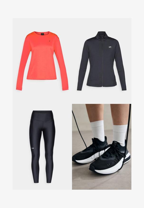 Melnās sporta jakas izgatavotas no gludas, elastīgas auduma ar augstu apkakli un pilnu rāvējslēdzēju, ar nelielu baltu logo augšējā kreisajā pusē.; Ilgi piedurkņu sporta krekls spilgtā korālī, teksturēta auduma, ar apaļu kakla izgriezumu, mazs melns logo uz krūtīm, pieguļošs siluets.; Melnas leginses, kas izgatavotas no gluda, elastīga materiāla ar augstām jostām. Ir balta logo kreisajā augšstilbā un pieguļoša piegriezuma dizains.; Melni sporta apavi ar strukturētu audumu, balta zole un melni šņores. Valkāti ar baltām ribotām zeķēm, stāvot uz gaišas virsmas.