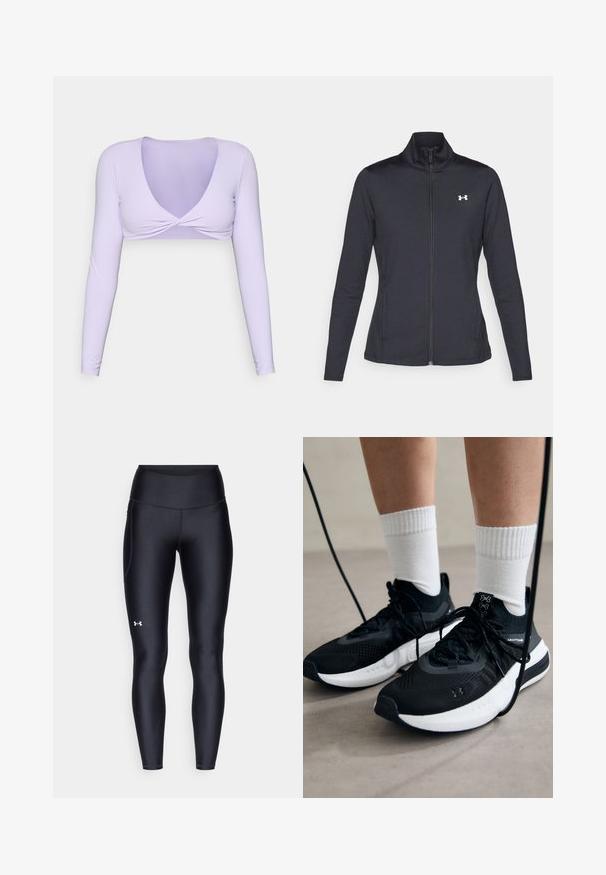 Schwarze Sportjacke aus glattem, dehnbarem Stoff mit hohem Kragen und durchgehendem Reißverschluss, ausgestattet mit einem kleinen weißen Logo auf der oberen linken Seite.; Helles Lavendel langärmliges Cropped-Top mit tiefem V-Ausschnitt und verdrehtem Vorderdesign. Hergestellt aus glattem, dehnbarem Stoff, ideal zum Layering.; Schwarze Leggings aus glattem, elastischem Material mit einem hohen Bund. Mit einem weißen Logo auf dem linken Oberschenkel und tailliertem Design.; Schwarze Sportschuhe aus strukturiertem Stoff, mit weißer Sohle und schwarzen Schnürsenkeln. Tragen mit weißen gerippten Socken, stehen auf einer hellen Fläche.