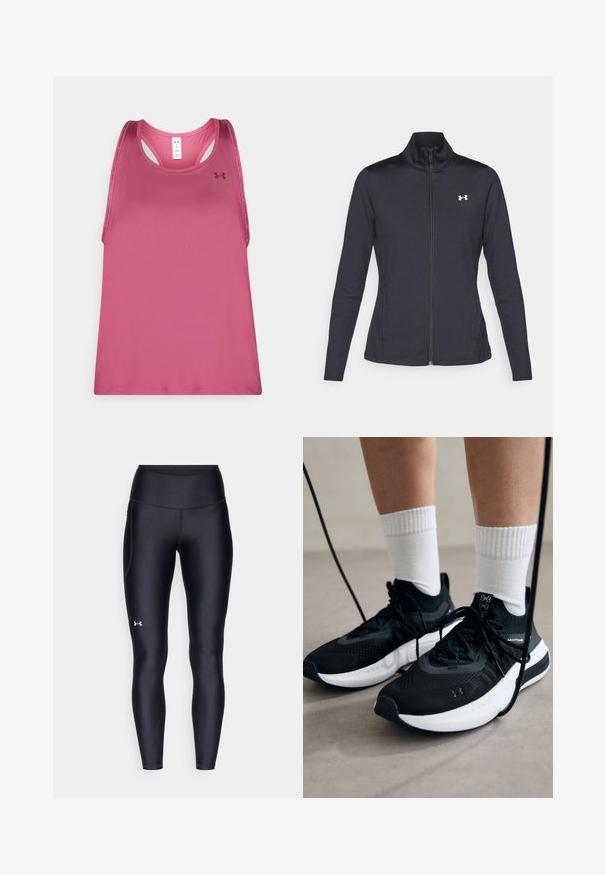 Czarna sportowa kurtka z gładkiego, elastycznego materiału, z wysokim kołnierzem i pełnym zamkiem, z małym białym logo na górnej lewej stronie.; Różowy bezrękawnik sportowy o gładkiej fakturze, z okrągłym dekoltem, plecakiem i logo marki z przodu po lewej stronie.; Czarne legginsy wykonane z gładkiego, elastycznego materiału z wysokim stanem. Posiadają białe logo na lewym udzie oraz dopasowany krój.; Czarne buty sportowe z teksturowanym materiałem, białą podeszwą i czarnymi sznurowadłami. Nosi je osoba w białych skarpetkach w prążki, stojąca na jasnej powierzchni.
