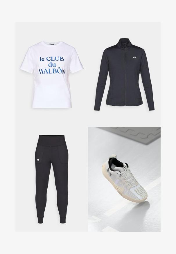 Jachetă sport neagră realizată dintr-un material neted și elastic, cu guler înalt și fermoar complet, având un mic logo alb în colțul din stânga sus.; Tricou alb din bumbac cu mâneci scurte. Prezintă text brodat de culoare albastră "le CLUB du MALBÔN." Design clasic cu gât rotund.; Leggings negre atletice realizate dintr-un material elastic, cu talie înaltă, buzunare pe lateral și manșete ajustate la gleznă.; Pantofii sport albi, cu un superior din plasă texturată, un interior negru și o talpă din cauciuc bej cu un model antiderapant. Accentuati prin detalii subtile.