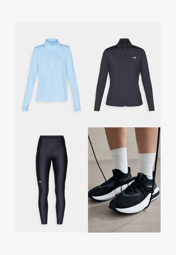 Schwarze Sportjacke aus glattem, dehnbarem Stoff mit hohem Kragen und durchgehendem Reißverschluss, ausgestattet mit einem kleinen weißen Logo auf der oberen linken Seite.; Under Armour TECH TWIST - Langarmshirt - horizon blue/white; Schwarze Leggings aus glattem, elastischem Material mit einem hohen Bund. Mit einem weißen Logo auf dem linken Oberschenkel und tailliertem Design.; Schwarze Sportschuhe aus strukturiertem Stoff, mit weißer Sohle und schwarzen Schnürsenkeln. Tragen mit weißen gerippten Socken, stehen auf einer hellen Fläche.