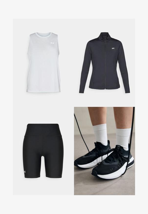 Black athletic jacket made of smooth, stretchy fabric with a high collar and full zipper, featuring a small white logo on the upper left side.; Light gray sleeveless athletic top with a round neck, soft texture, and a small white logo on the left chest area. Smooth, relaxed fit.; Black athletic shorts with a high waistband, made from stretch material. Features flat seams and a small logo on the lower left side.; Black athletic shoes with textured fabric, white sole, and black laces. Worn with white ribbed socks, standing on a light surface.