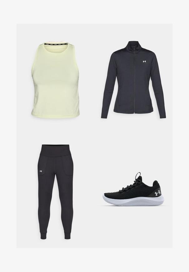 Zwarte sportjack gemaakt van glad, rekbaar materiaal met een hoge kraag en een volledige ritssluiting, met een klein wit logo op de bovenste linkerkant.; Lichtgele mouwloze crop top, gemaakt van zacht materiaal. Heeft een ronde hals en een zwart merkaccent op de binnenkraag.; Zwarte sportleggings van rekbaar materiaal, met een hoge tailleband, zijzakken en aansluitende boorden bij de enkels.; Zwarte sportieve schoenen met een ademende mesh bovenkant, een gestructureerd ontwerp en een witte rubberen zool. Voorzien van platte veters en een trekbandje aan de hiel.